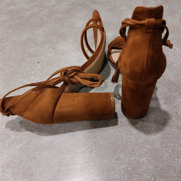 ALDO Block Heel Lace-Up Open Toe Sandals - Cognac - Size 8